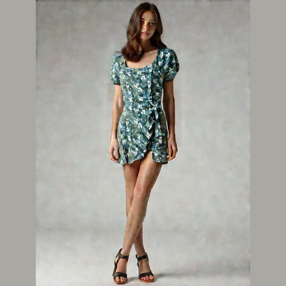 As U Wish Green Floral Print Puff Sleeve Mini Wrap Dress Large